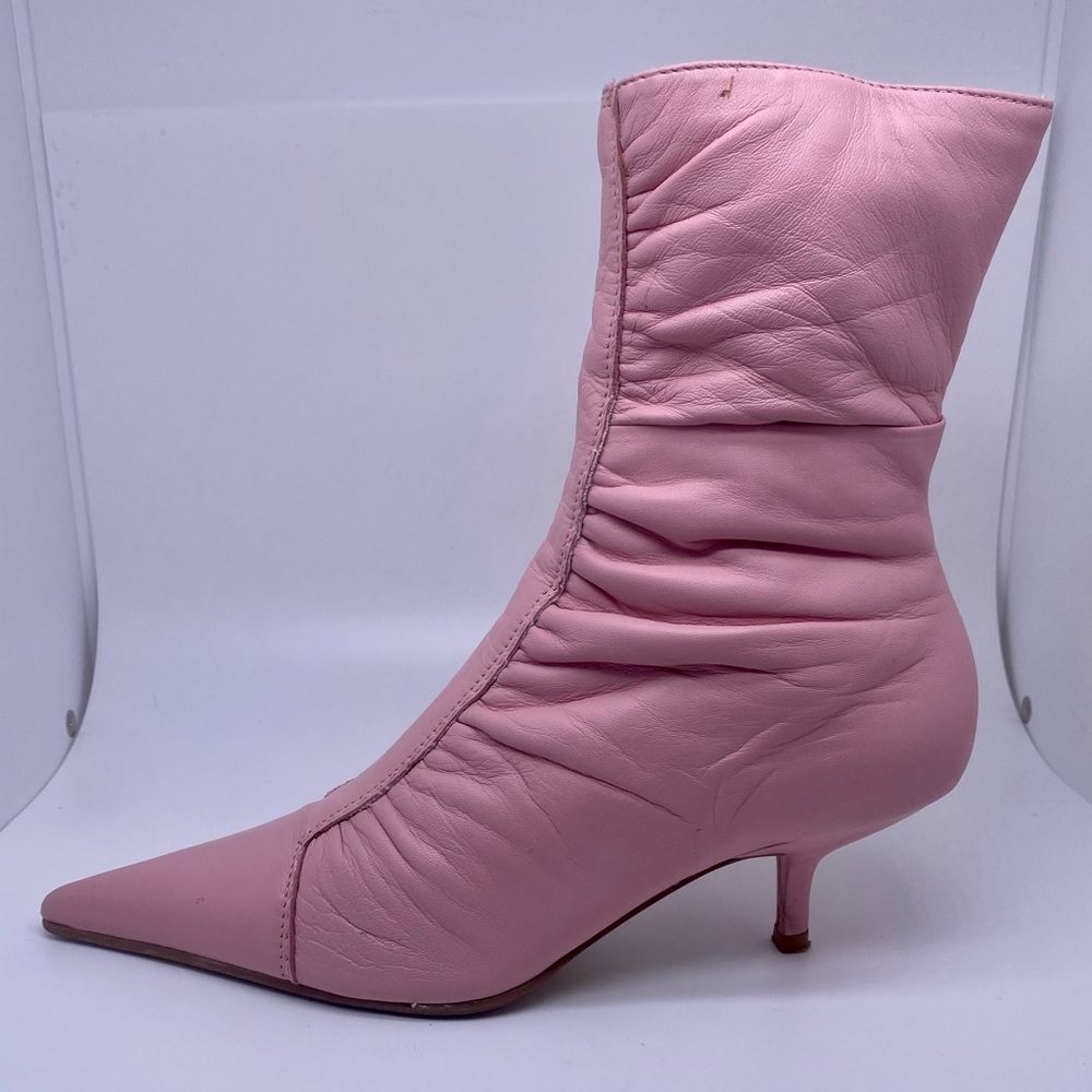 Vintage Leather Serena-Lea Pink Pointed Toe Sexy Pink Boots with Kitten Heel